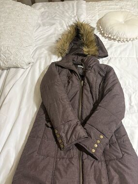 New York & Company Brown Faux-Fur Hooded Puffer Coat